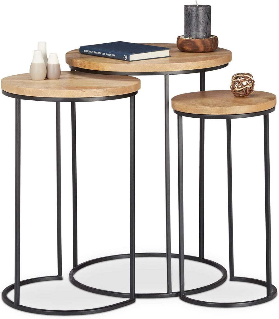 End Table Set of 3 Black Modern Round Wood/Metal Nesting Tables Home Decor