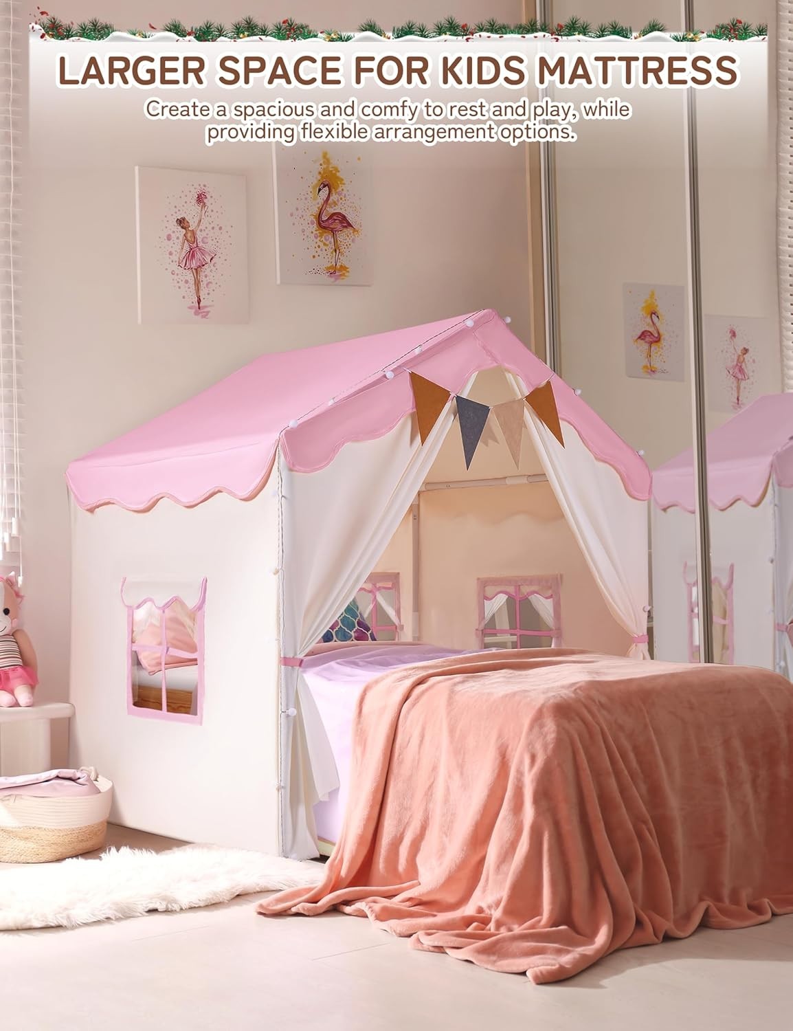 Pink Kids Bed Canopy Play Tent with Lights Padded Indoor Castle