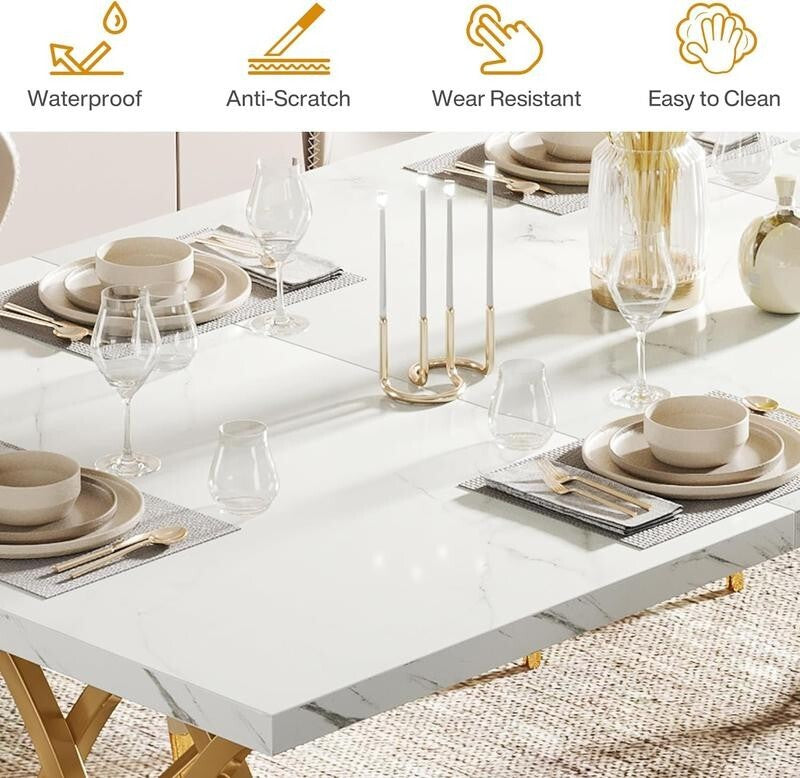 63" White Marble Dining Table with Gold Legs – 6 Seater Modern Table