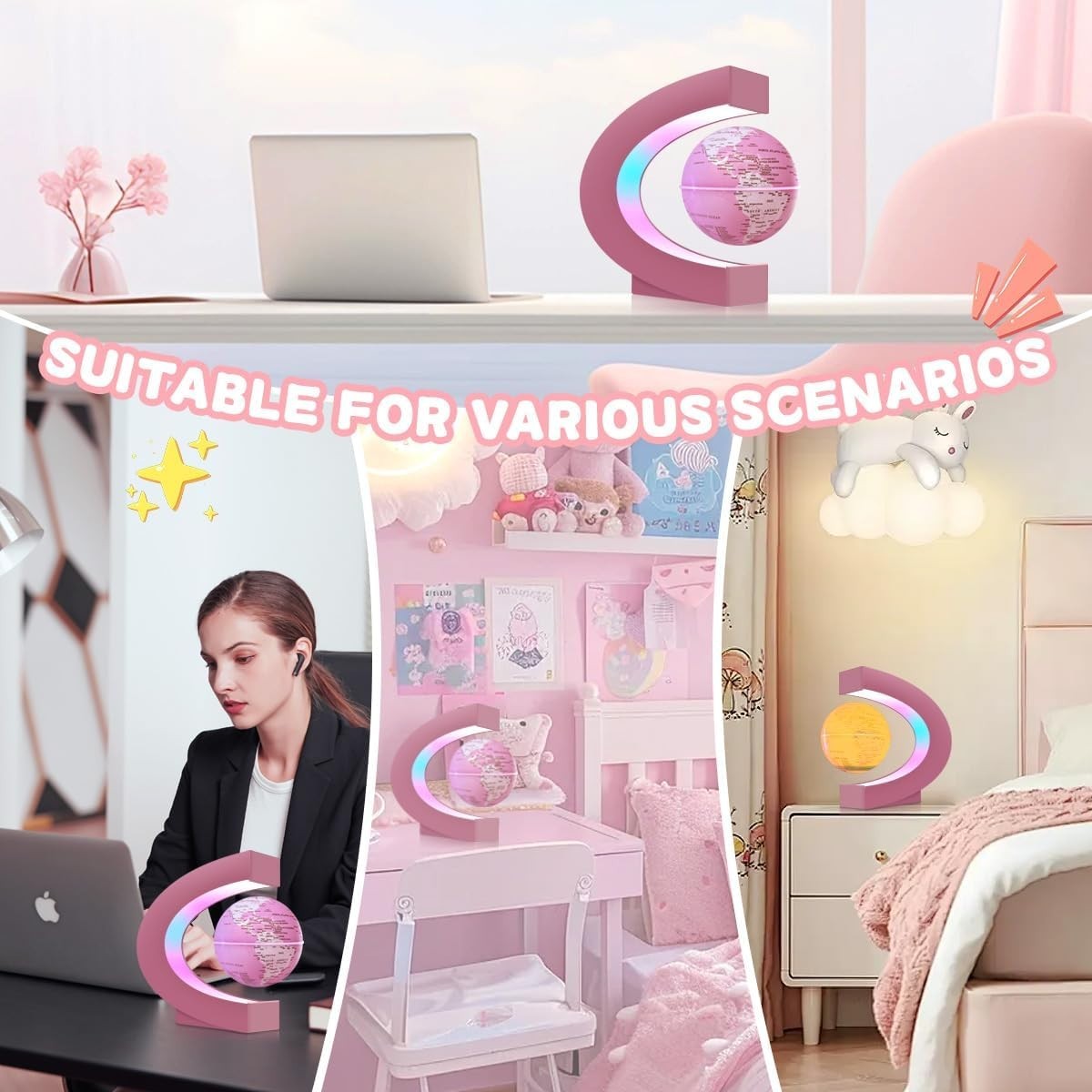 Magnetic Levitating Globe Pink LED Floating Desk Self-Rotating Lamp