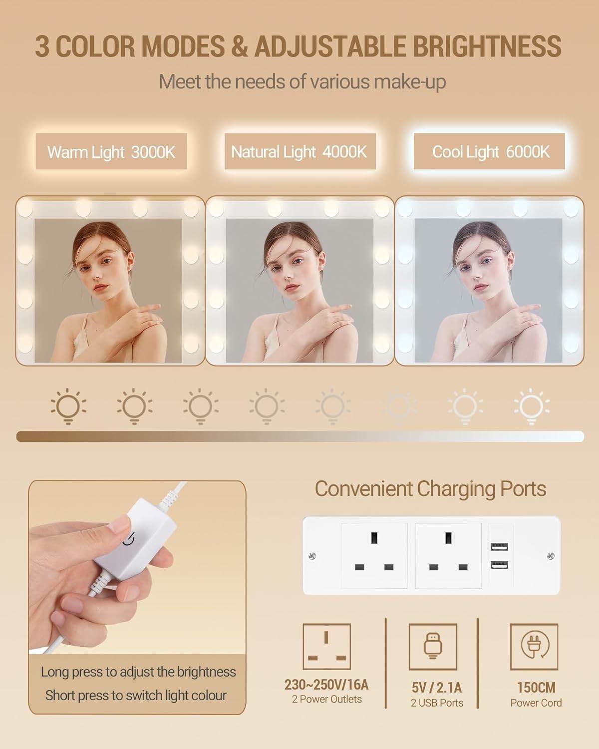 White Vanity Dressing Table Set LED Mirror Power Outlet 5 Drawers Stool Storage