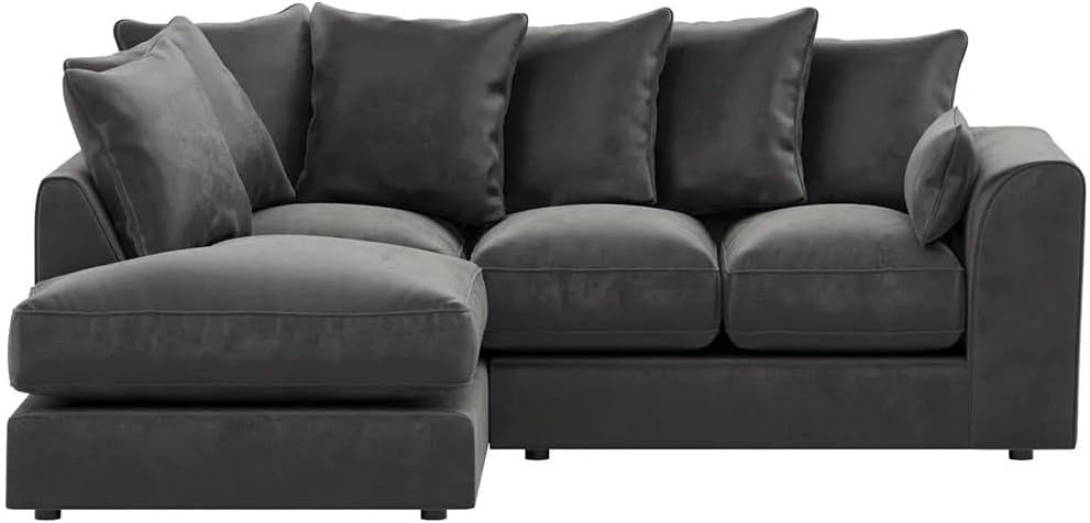 Grey Plush Velvet Corner Sofa with Footstool – 4 Seater L Shape Couch
