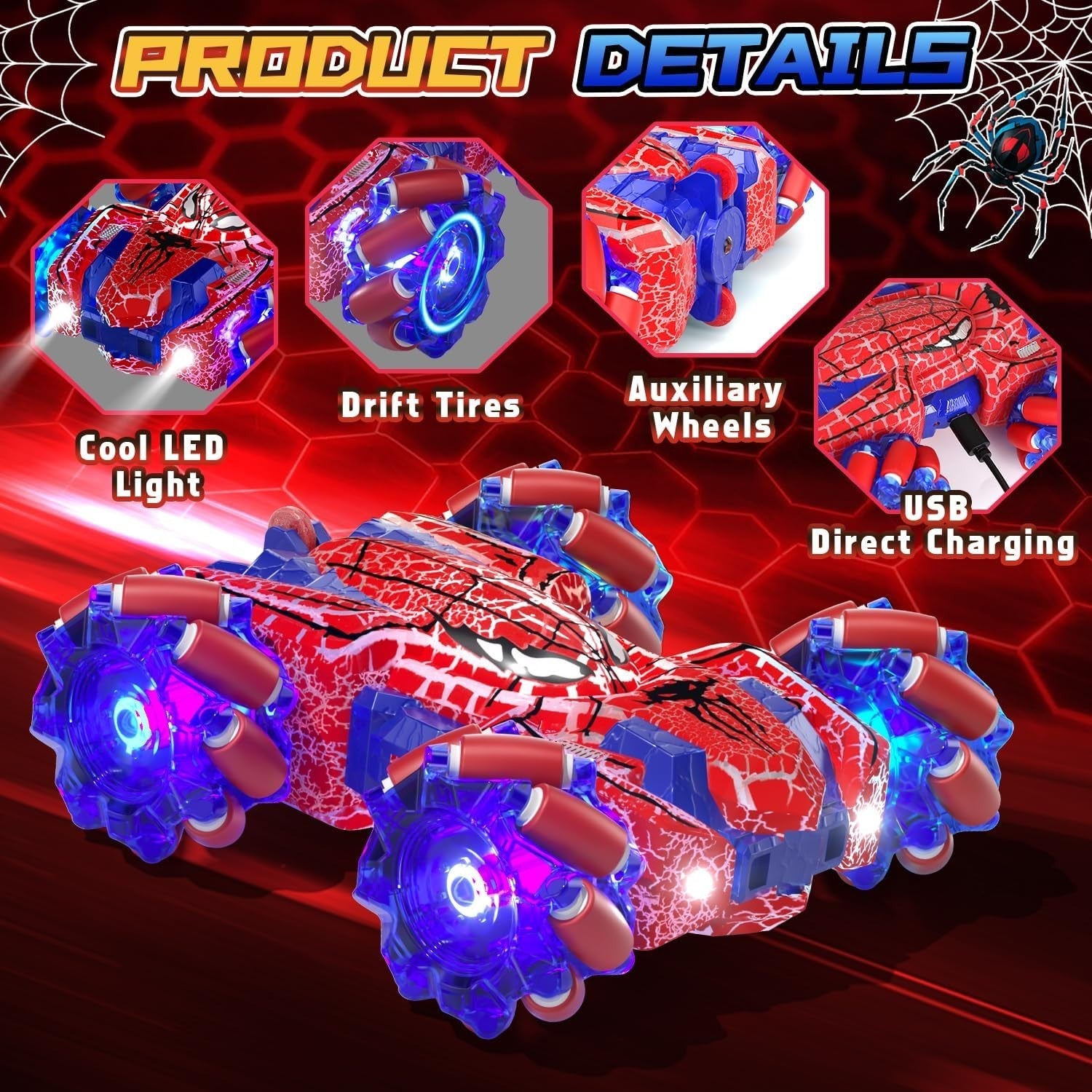 Spider Gesture RC Car for Kids 4–12, 4WD Double-Sided Stunt Car w/ Full-Body LED