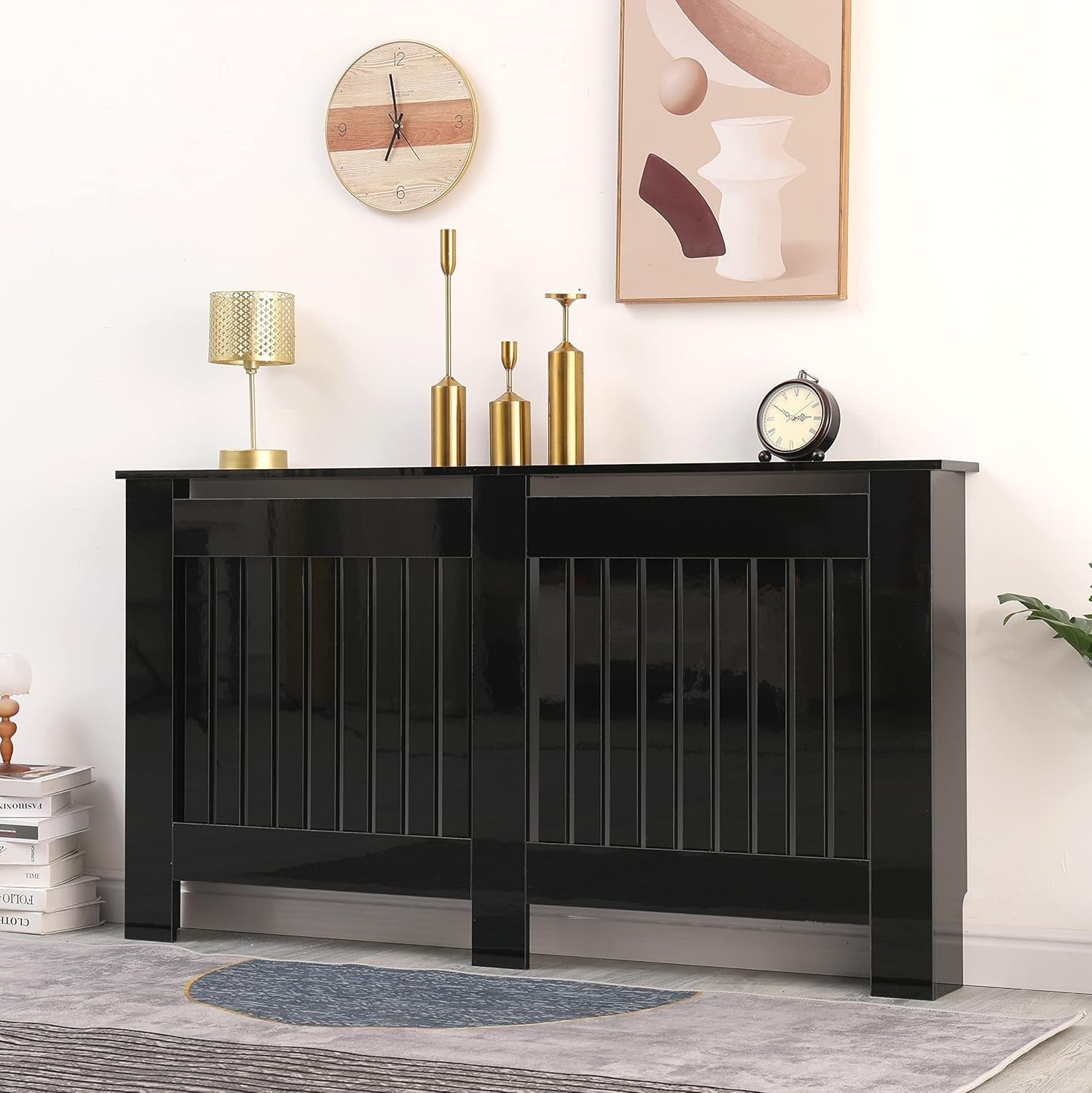 Large High Gloss Black Radiator Cover MDF Slatted Modern Cabinet Heating Unit