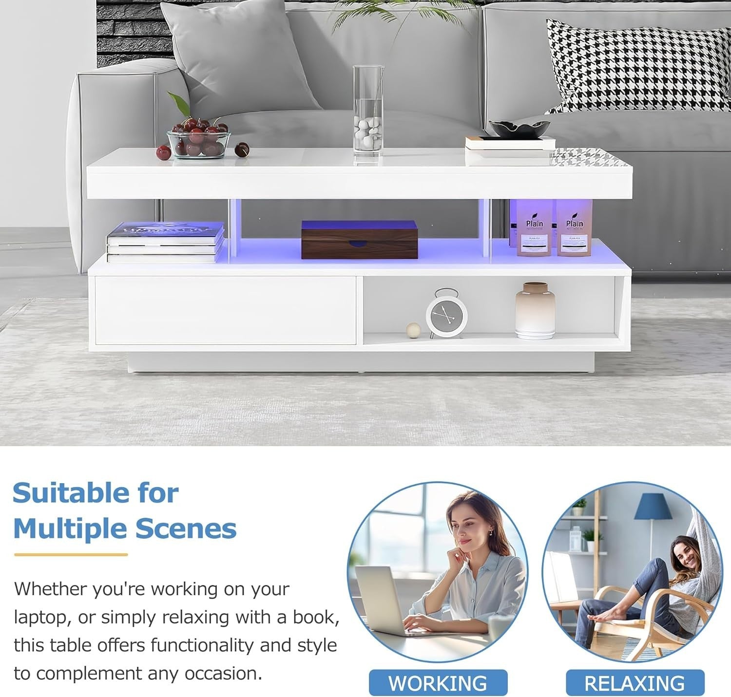 Modern High Gloss Coffee Table with 2 Drawers & Bluetooth LED, 95x50x42.5cm