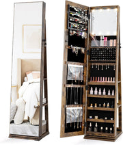 Rustic Brown Swivel Jewelry Cabinet LED Makeup Mirror Lockable Storage