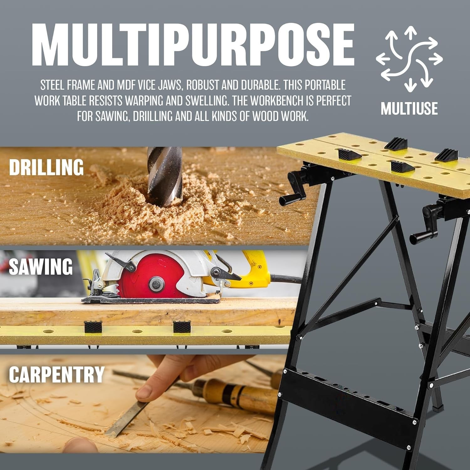 Foldable Workbench Portable Sawing Drilling Table Heavy Duty Steel MDF Top