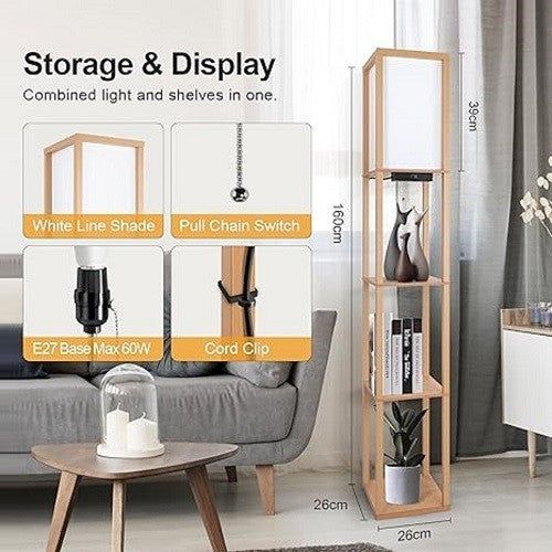 Floor Lamp with Shelves USB C Dimmable LED Wooden Standing Light