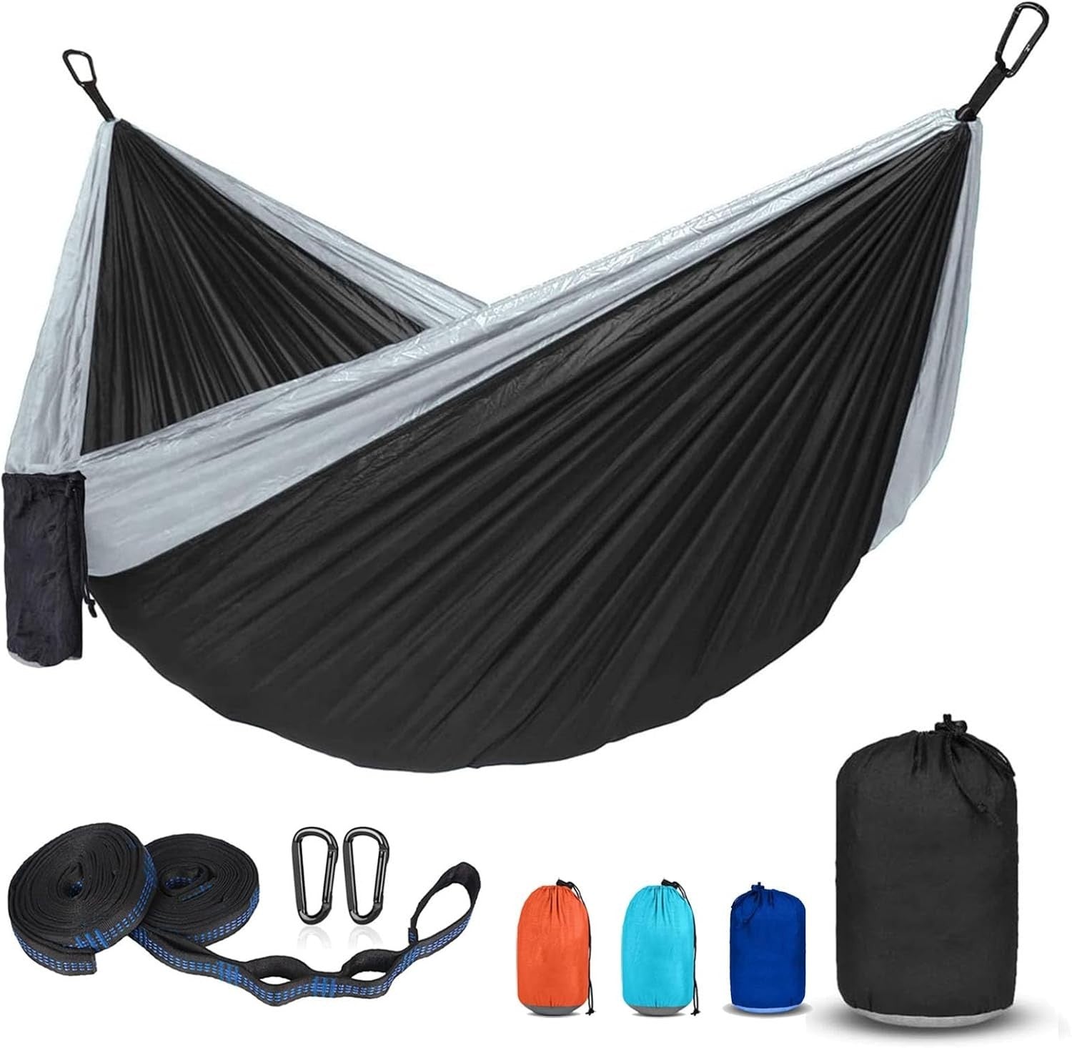 Double Camping Hammock 2-Person 600lb Heavy Duty Portable Outdoor Black & gray