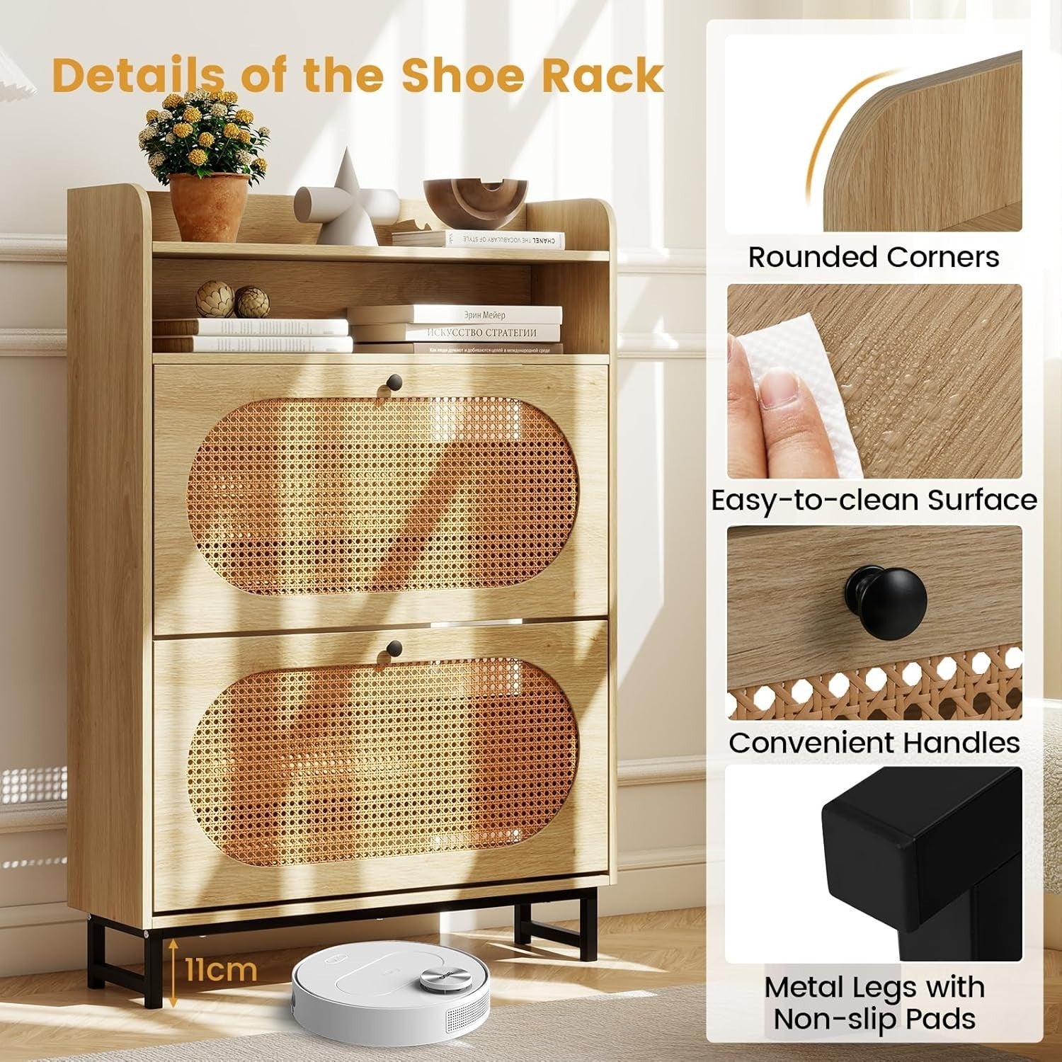 Narrow Rattan Shoe Cabinet with 2 Flip Drawers & Open Shelf 80x24x115cm