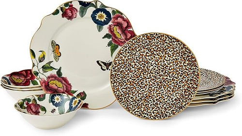 12pc Fine China Dinnerware Set Gold Trim Floral Plates Bowls Service for 4