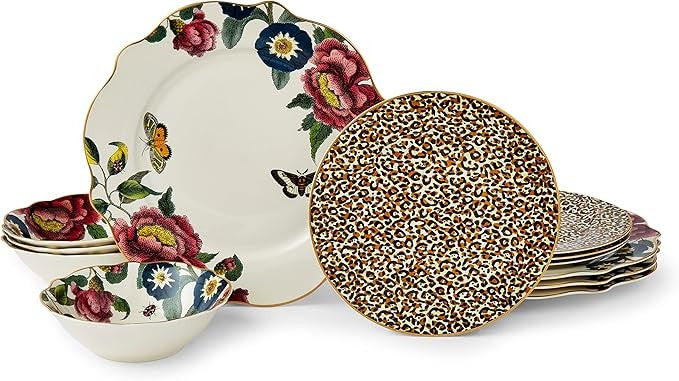 12pc Fine China Dinnerware Set Gold Trim Floral Plates Bowls Service for 4