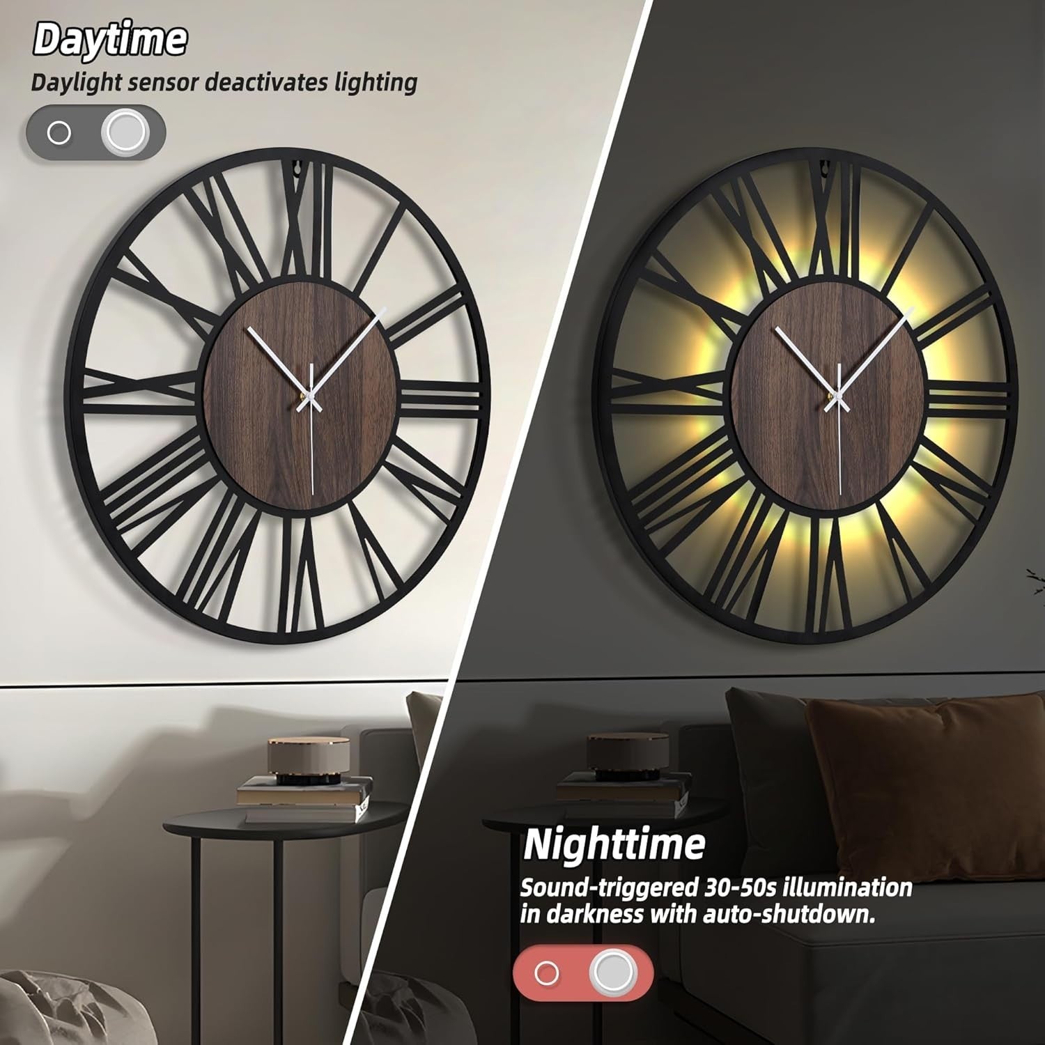 Large 50cm Roman Numeral Wall Clock LED Silent Battery Operated Modern Decor