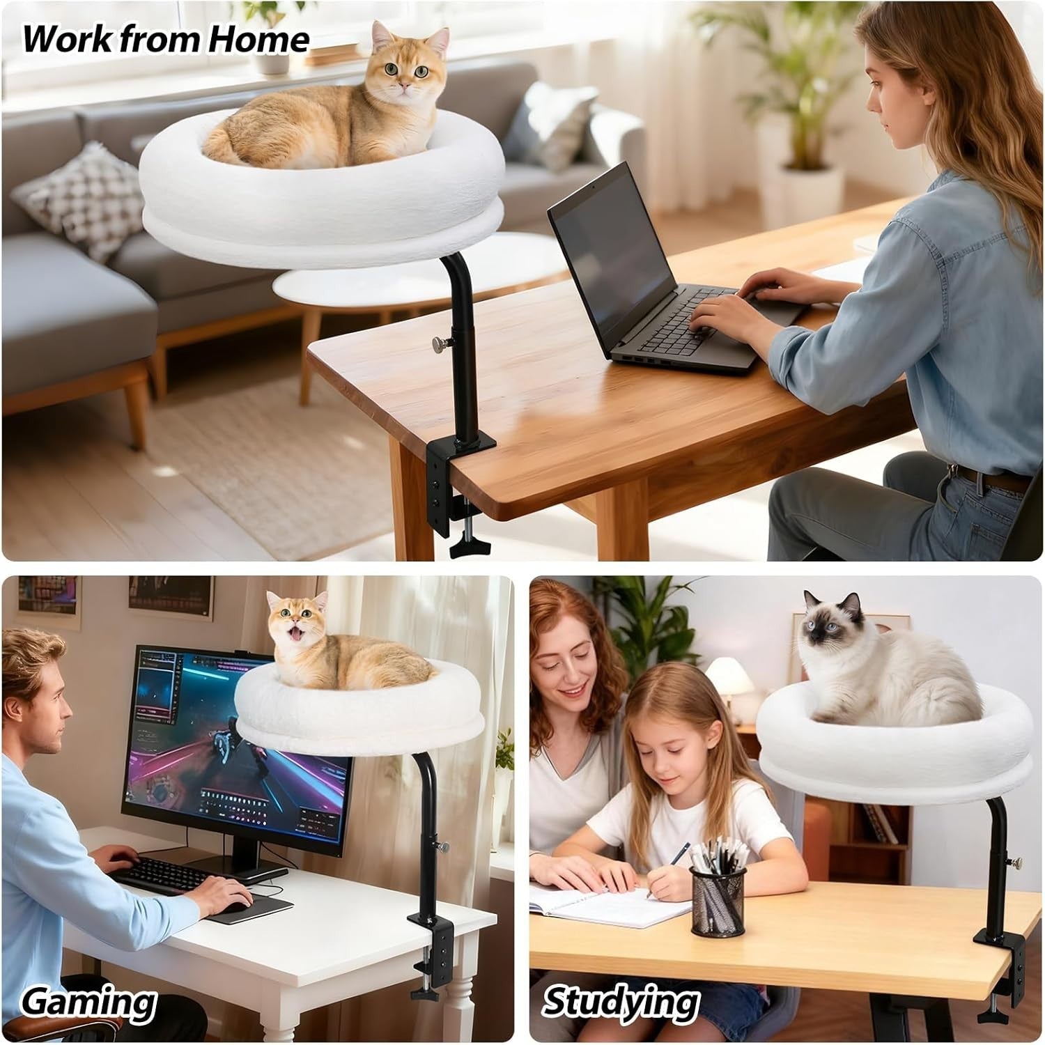 360° Rotating Cat Desk Bed Adjustable Clamp Hammock Perch White
