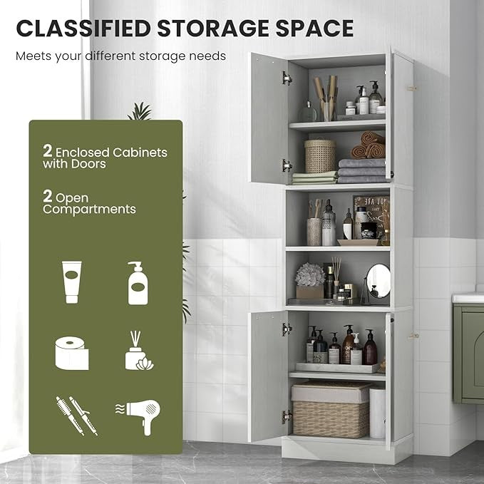 Tall Kitchen Cupboard Pantry Storage Cabinet 4 Door Open Shelves Freestanding