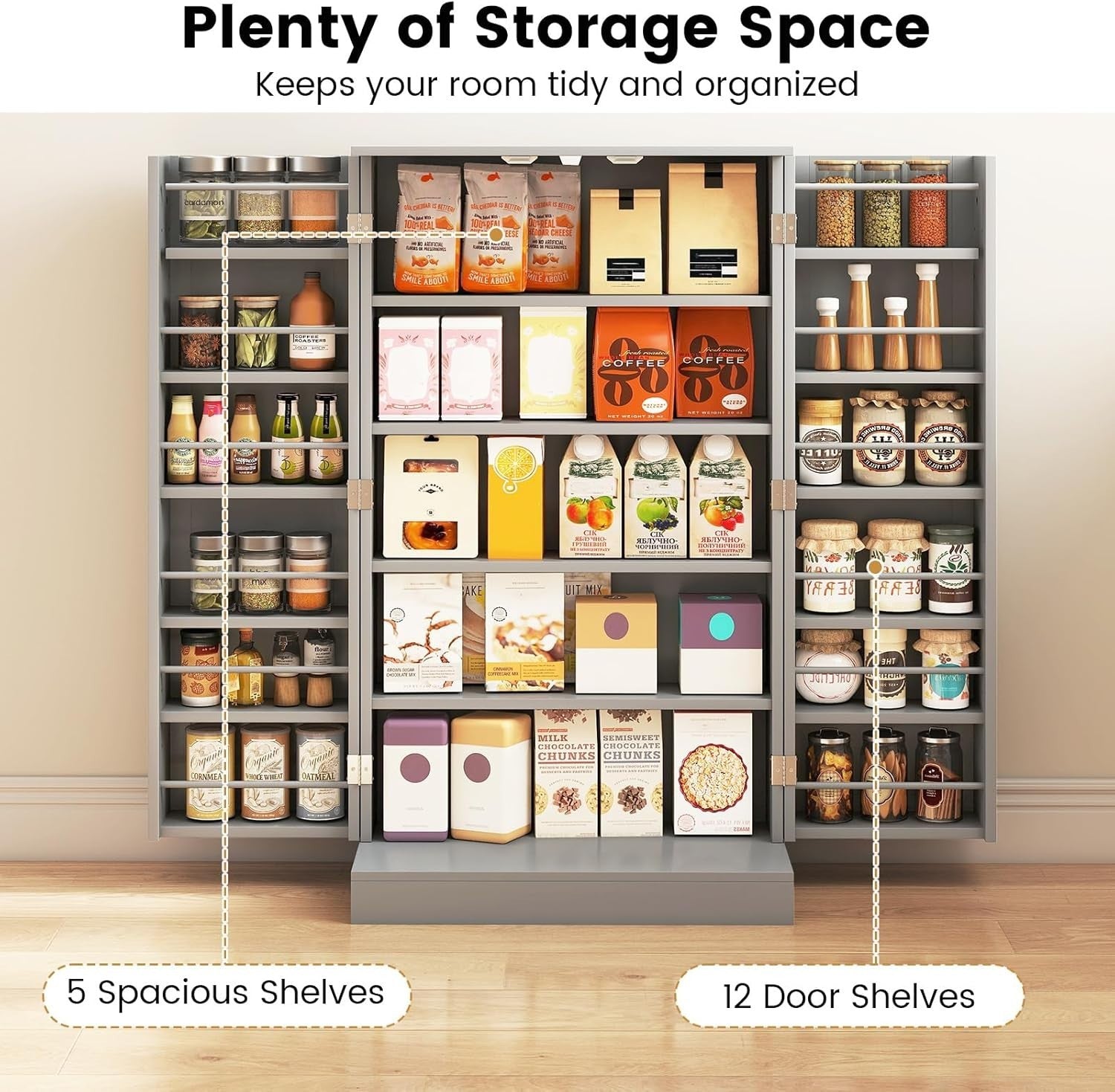 Grey Kitchen Cupboard 2-Door Pantry Adjustable Shelves 59x30x104cm