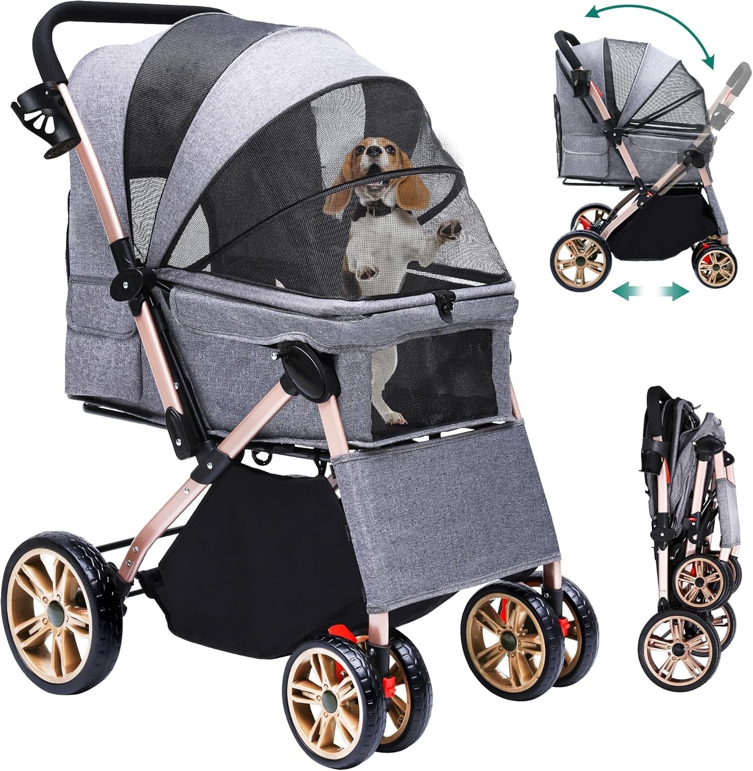 Dog Stroller Reversible Handle Foldable Pet Pushchair 4 Wheel Travel