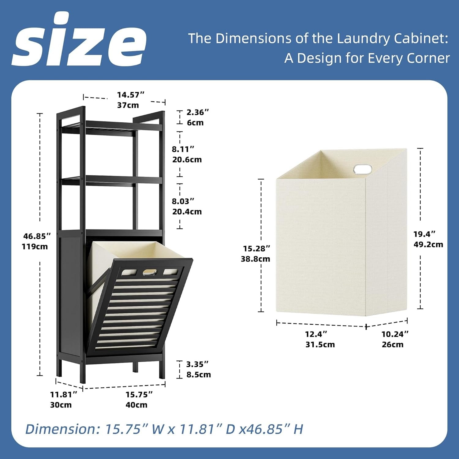 Tilt Out Laundry Hamper Cabinet with Bamboo Shelves 32L Basket Black