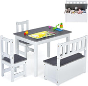 Kids Table Chair Set with Storage Bench 4pc Furniture Grey Playroom Desk