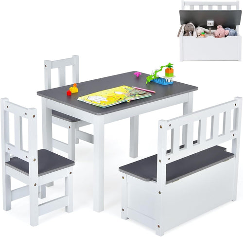 Kids Table Chair Set with Storage Bench 4pc Furniture Grey Playroom Desk