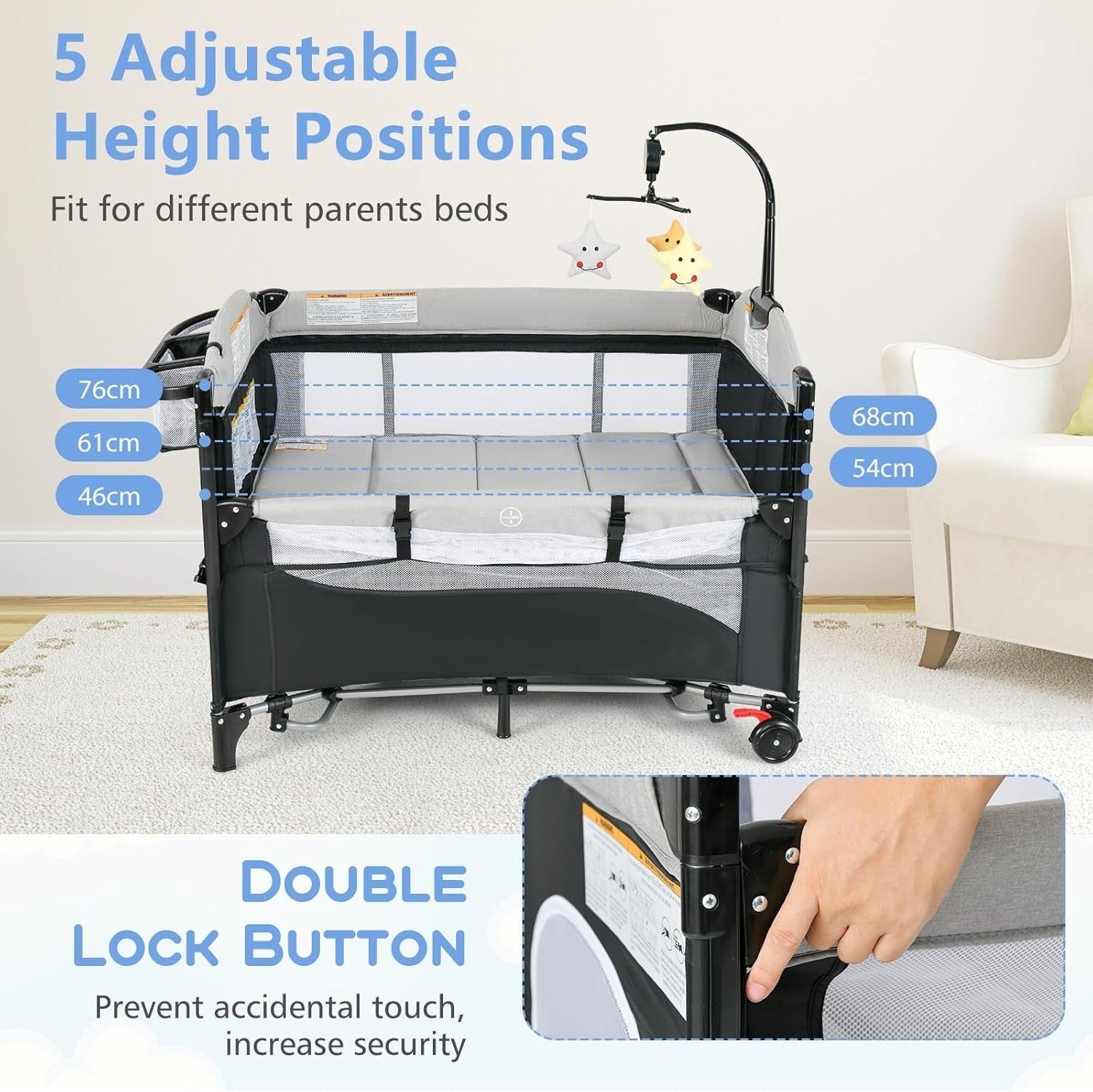 6in1 Baby Travel Cot Foldable Crib with Mattress, Changer & Storage Dark Grey