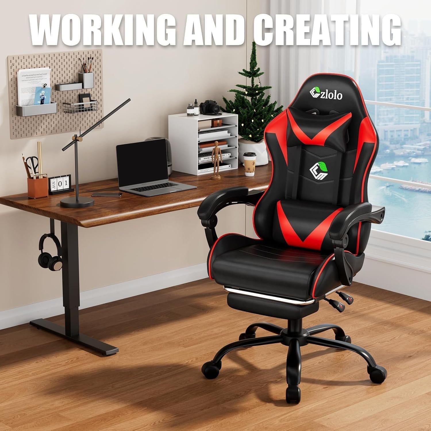 Gaming Chair w/ Footrest Reclining Racing Office Chair Red