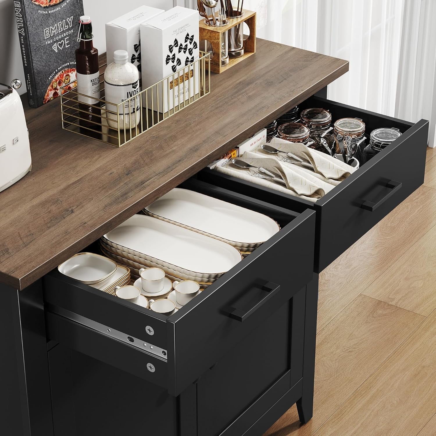 Black Sideboard Cabinet 2 Door 2 Drawer Freestanding Storage 91cm