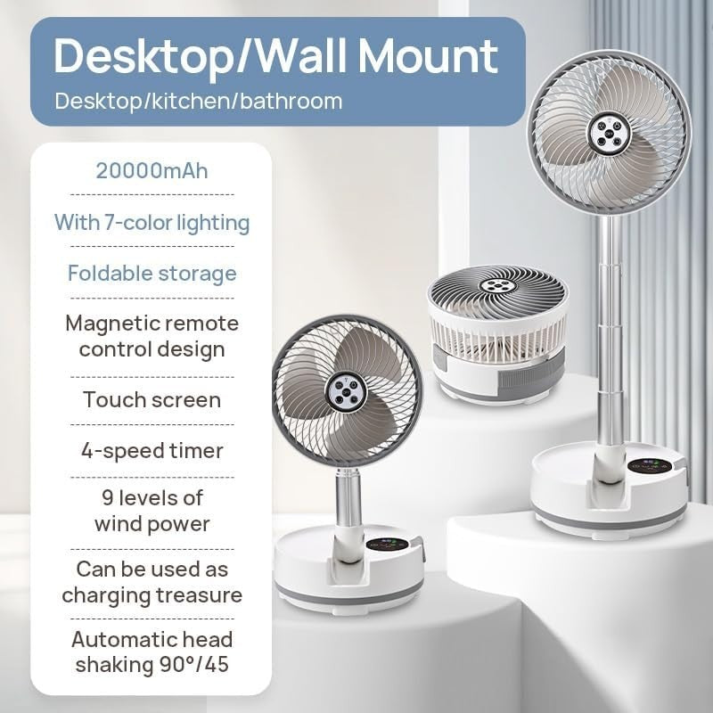White Portable Desk Foldable Fan – 9-Speed Rechargeable w/ LED & Remote Control