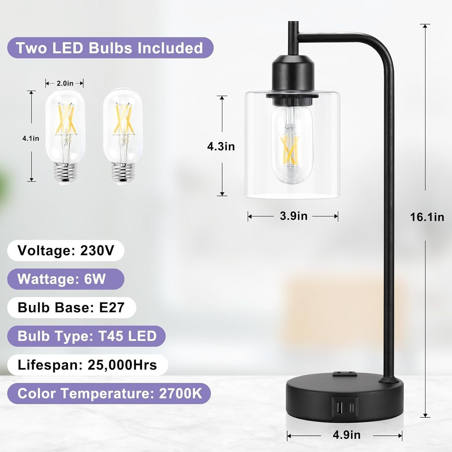Black Touch Bedside Lamps Set of 2 USB C+A Dimmable Clear Glass