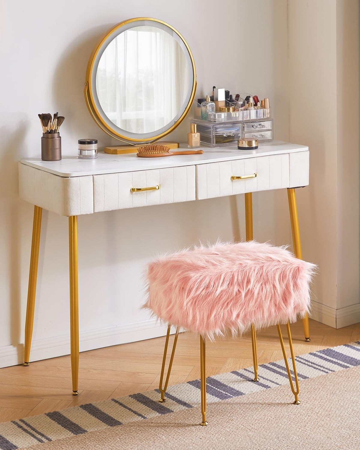 Pink Rectangular Faux Fur Vanity Stool with Storage and Gold Metal Legs