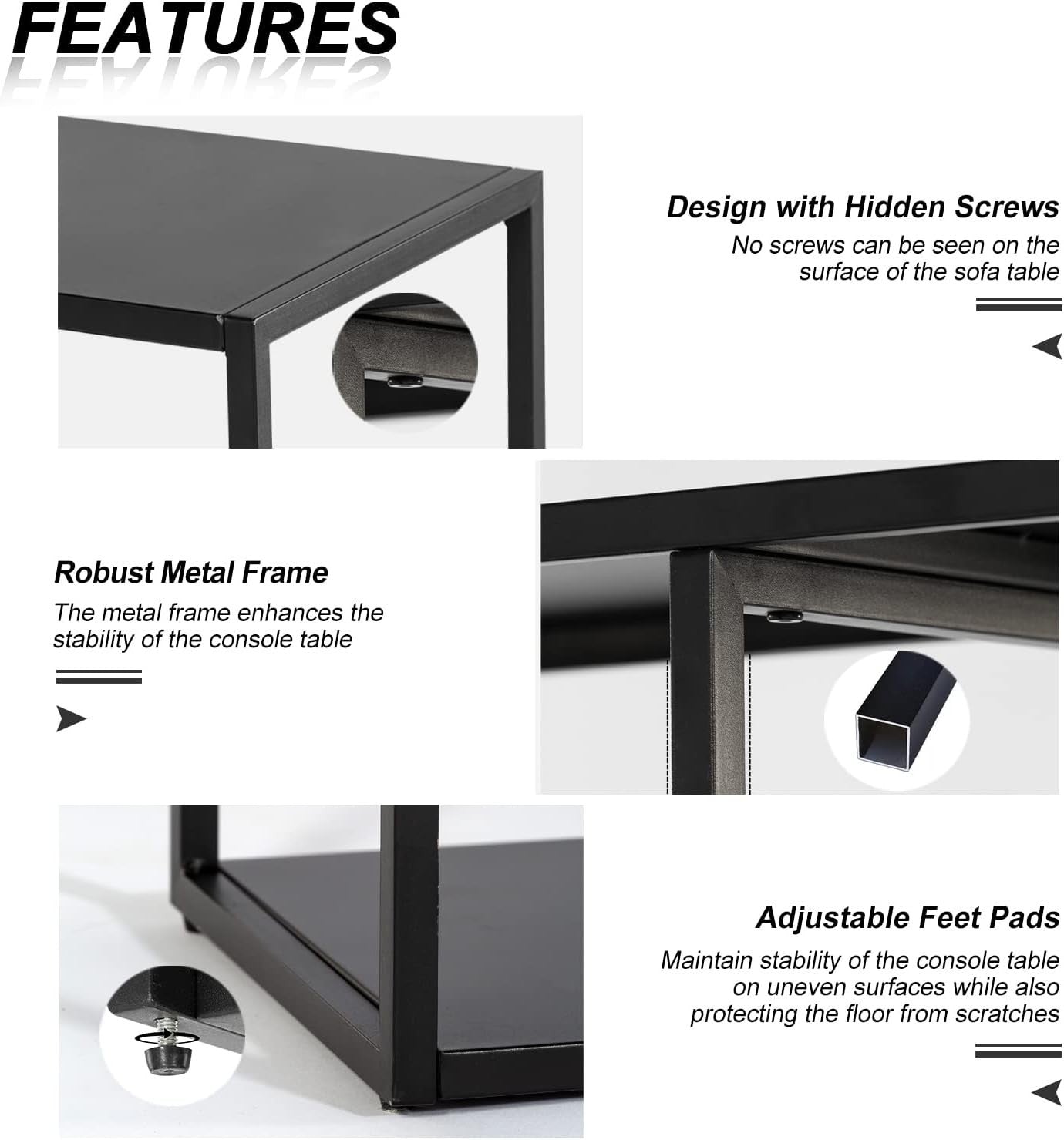 Black 3 Tier Metal Console Table with Shelves - Space-Saving, Durable, Multi-Use