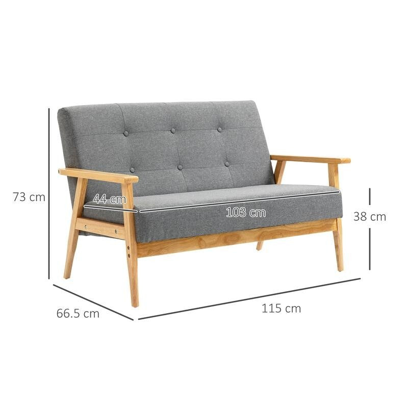 2 Seater Sofa Linen Fabric Couch Wooden Frame Tufted Armchair Dark Grey