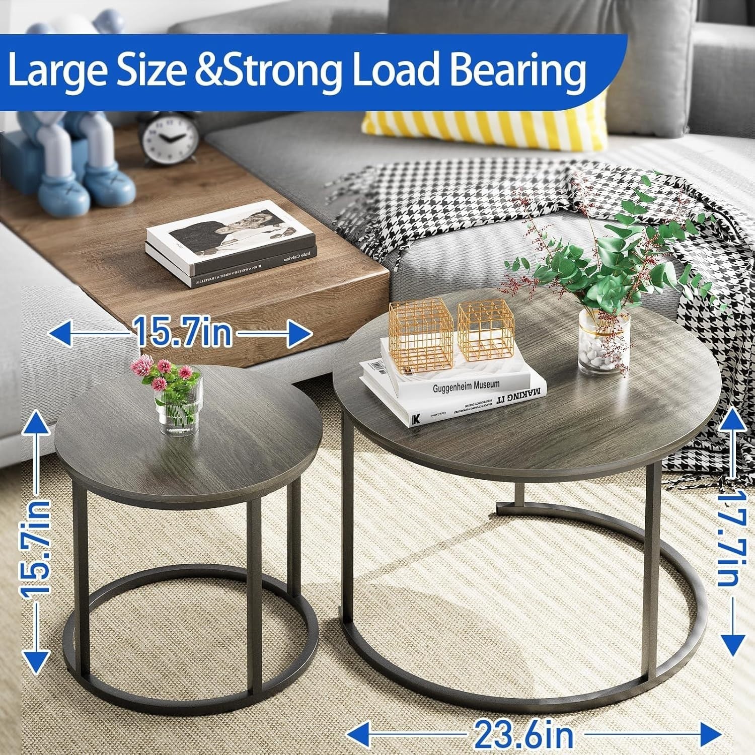 Grey Round Nesting Coffee Table Set 2, Modern Living Room Side End Tables