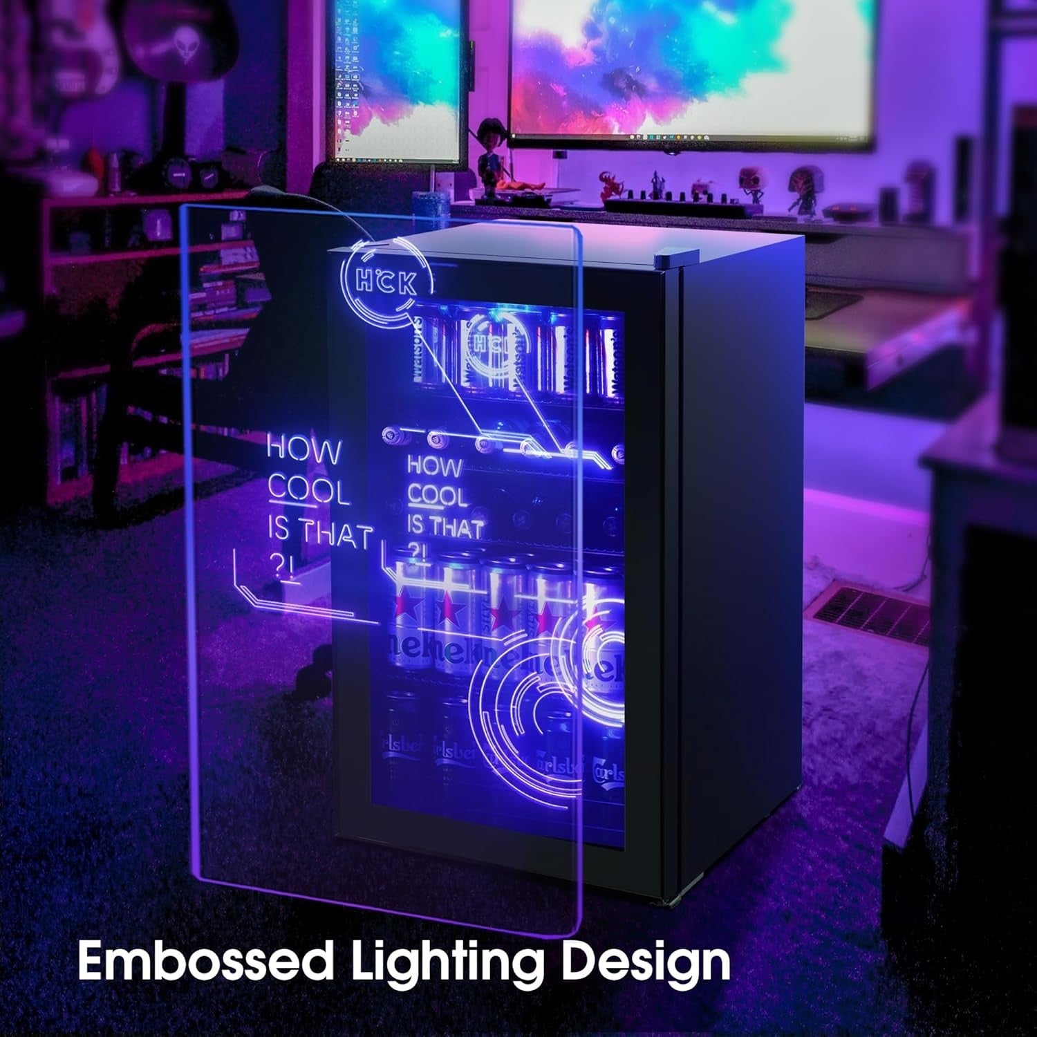 98L Mini Fridge with LED Lights Cyberpunk Bar Cooler Frost-Free Low Noise