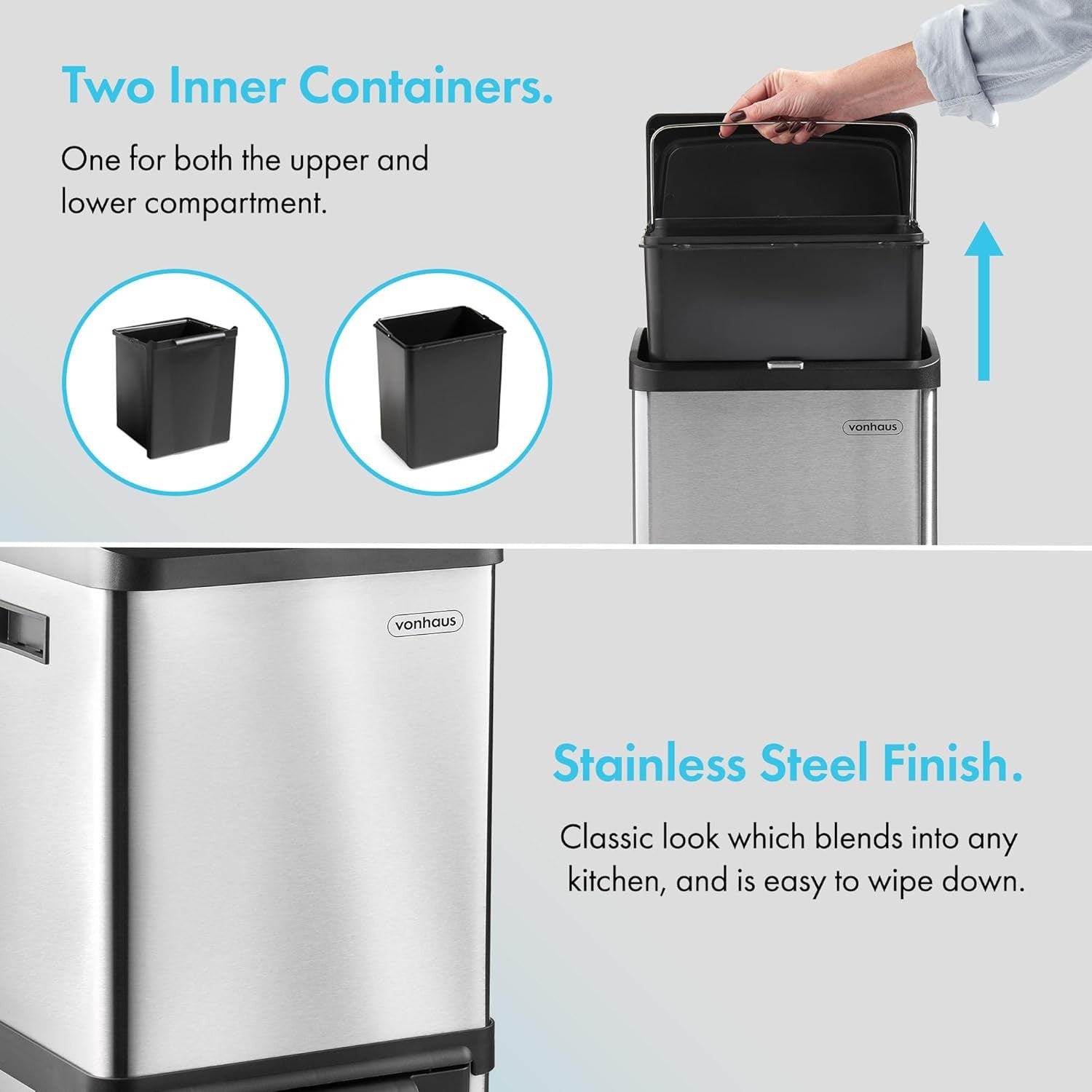 34L Stainless Steel Recycling Bin 2 Compartment Kitchen Trash Can
