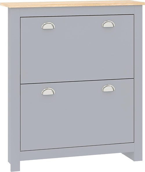 Modern Grey Shoe Storage Cabinet – 2 Flip Drawers, Adjustable Shelf, 12 Pair