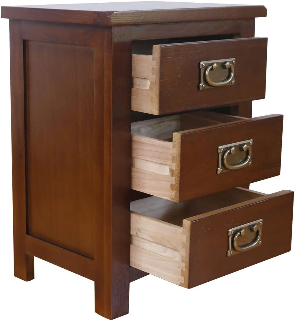 Walnut Solid Oak Bedside Table with 3 Drawers – Classic Wooden Nightstand