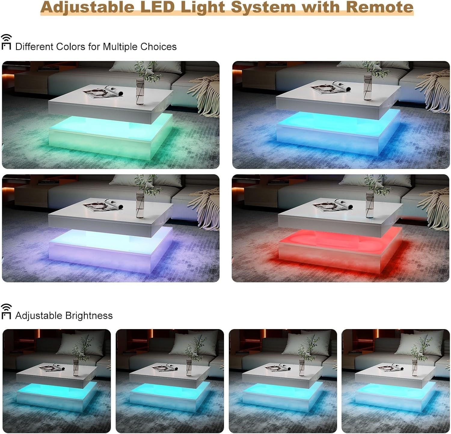 White LED Coffee Table with Storage, 2-Tier Square High Gloss 78x78cm