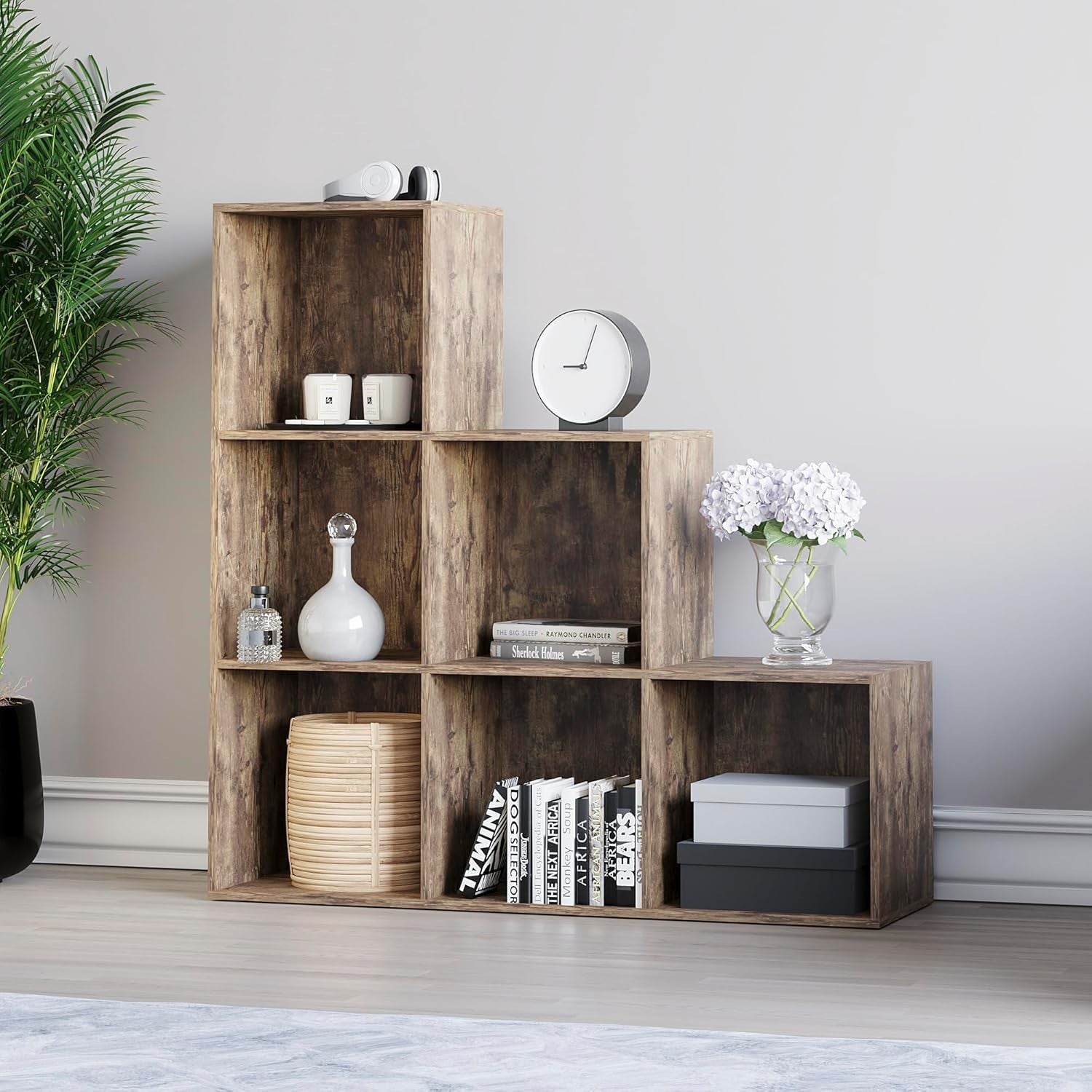 6 Cube Dark Wood Staircase Storage Shelf Modern Durable Organizer
