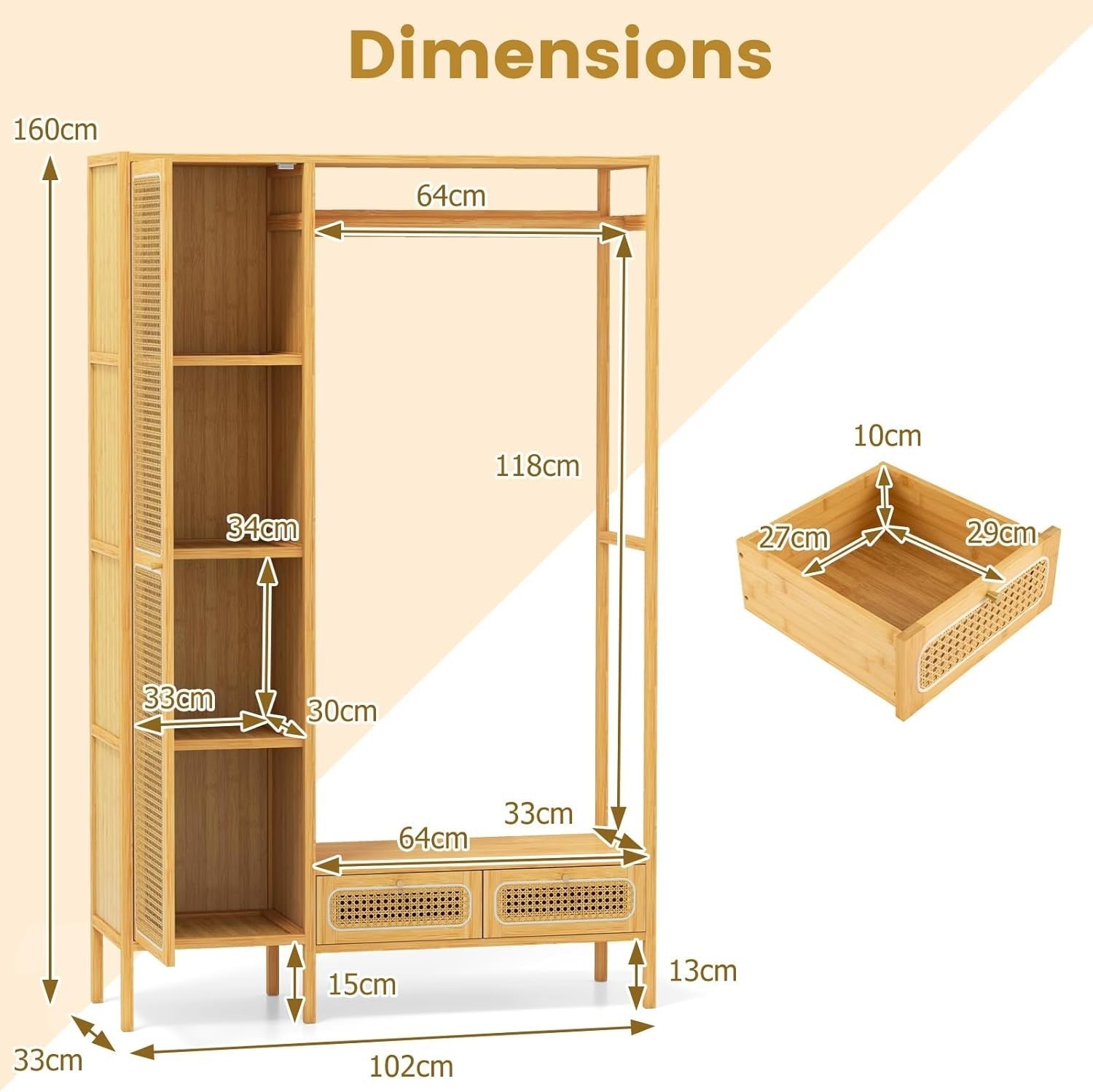 Bamboo Clothes Rack with Drawers & Rattan Shelving Unit