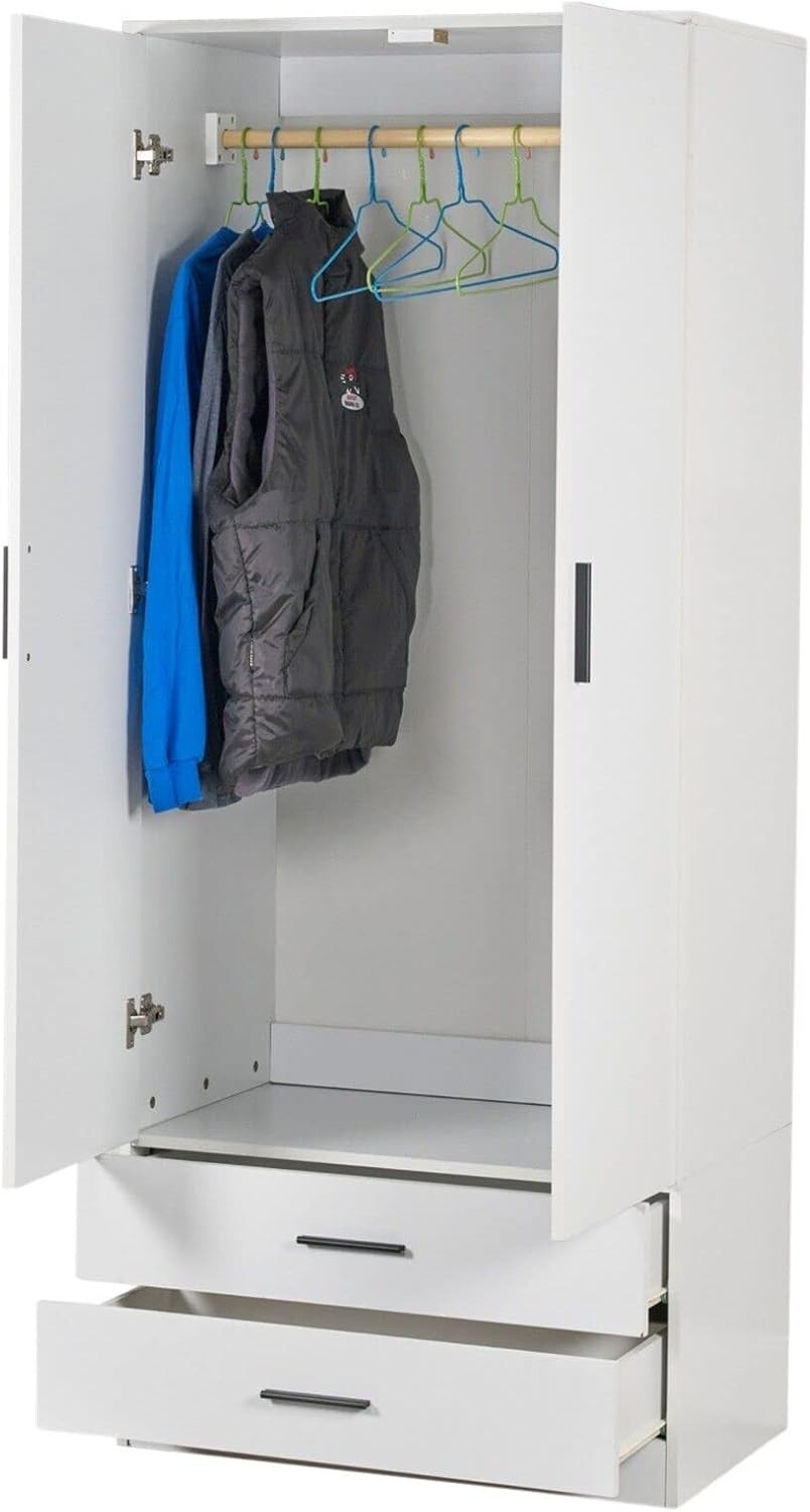 White 2 Door Wardrobe with Drawers Modern Bedroom Storage Cabinet