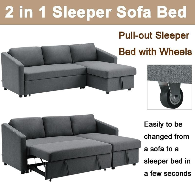 Grey Corner Sofa Bed with Storage 3 Seater Pull Out Sleeper Couch for Flats