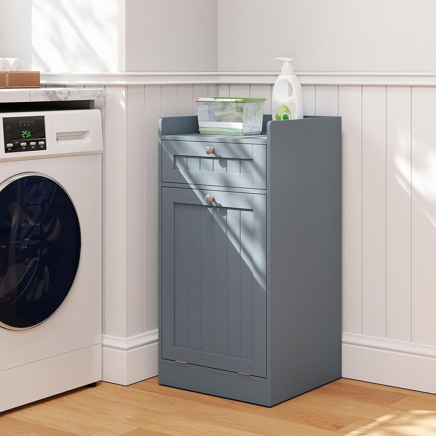 Grey Tilt-Out Laundry Cabinet with Drawer Removable Liner Bathroom Storage Unit