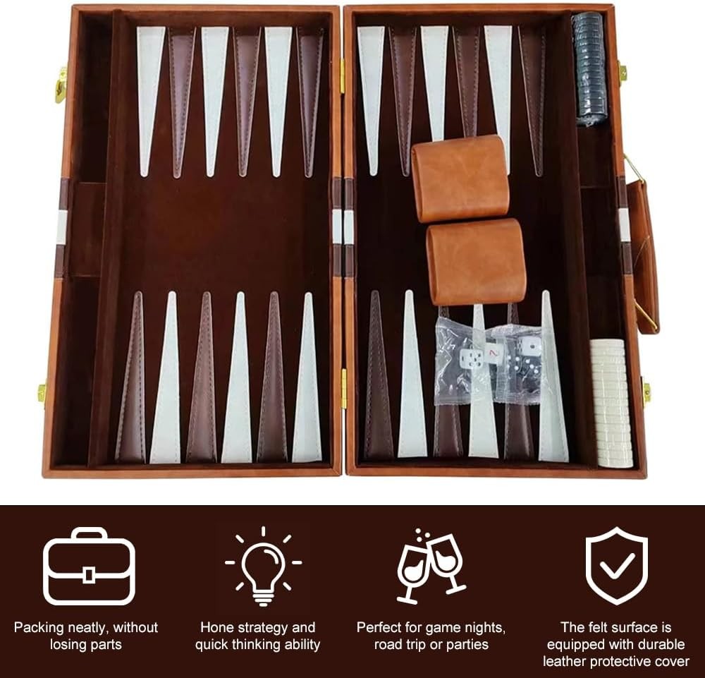 15 Inch Backgammon Set Leather Case Portable Board Game Dice Cups