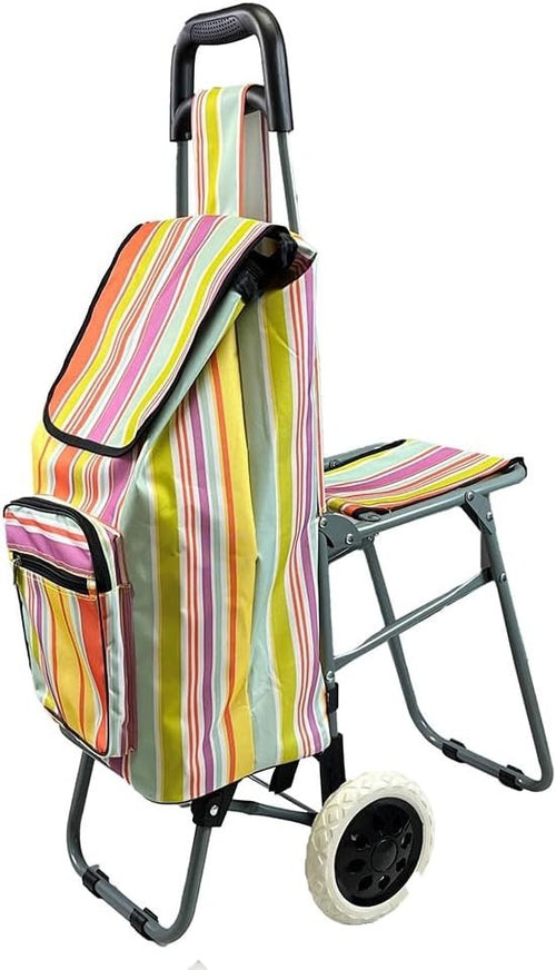 Foldable Leisure Shopping Trolley with Seat Large Capacity Easy-Roll Wheels