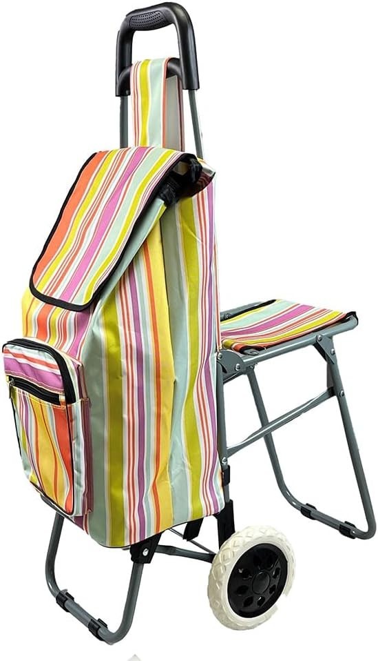 Foldable Leisure Shopping Trolley with Seat Large Capacity Easy-Roll Wheels