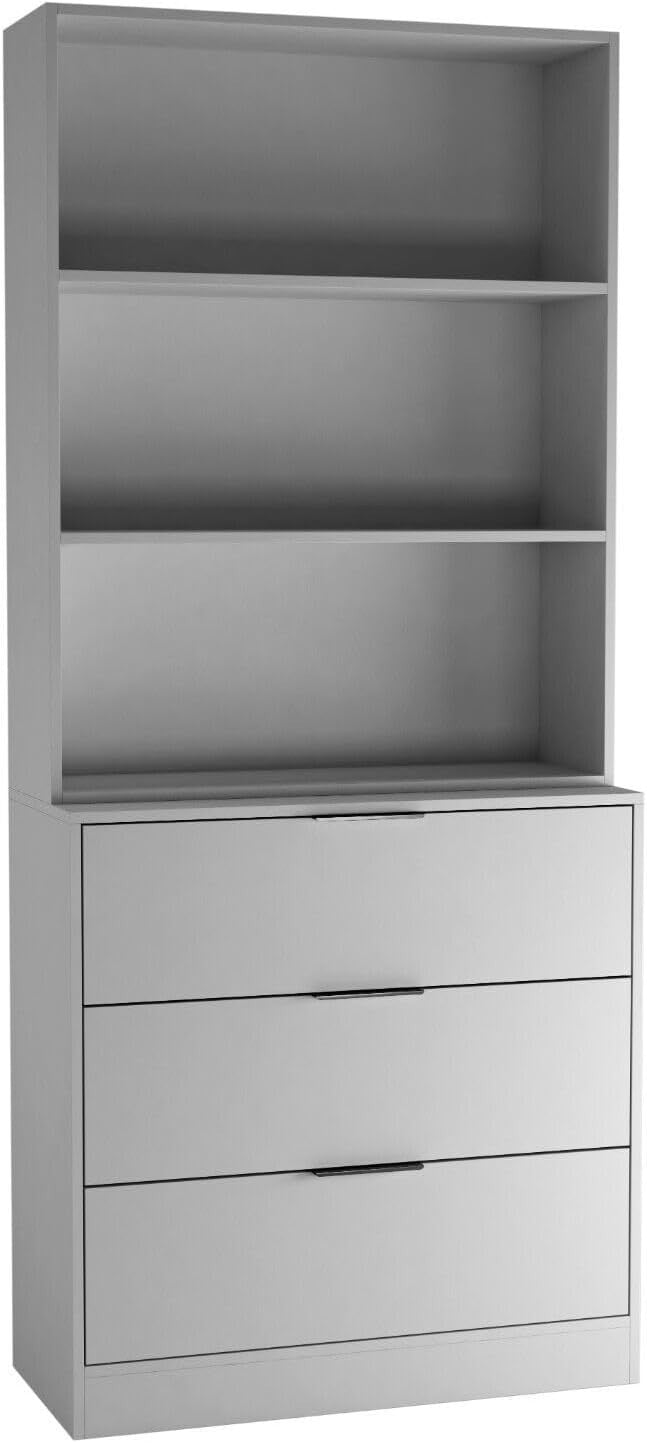 80cm Grey Wooden Storage Chest Cabinet & 3 Drawer Bookcase Shelving