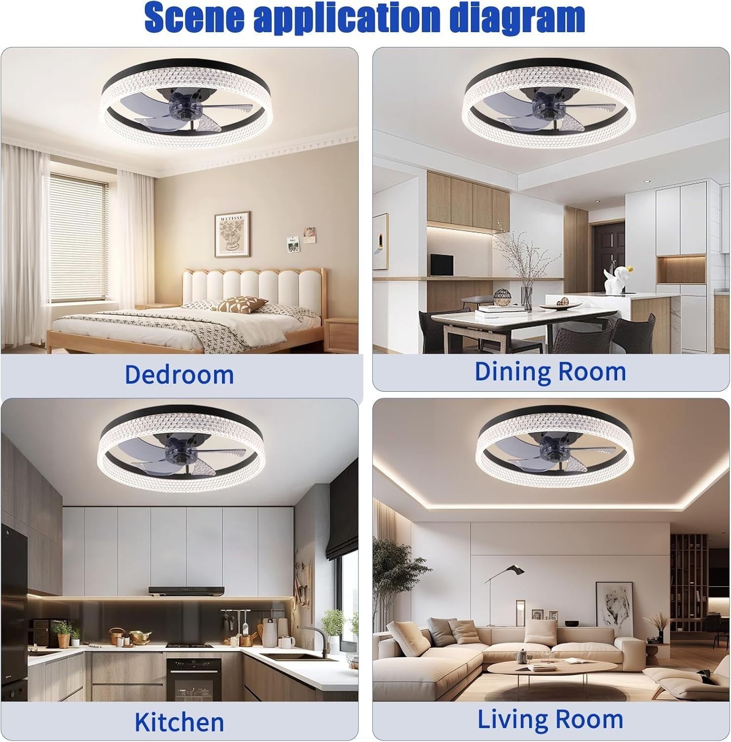 ZYDTRIP 19.7" Bladeless Ceiling Fan with LED Light, 6-Speed, Dimmable, Remote
