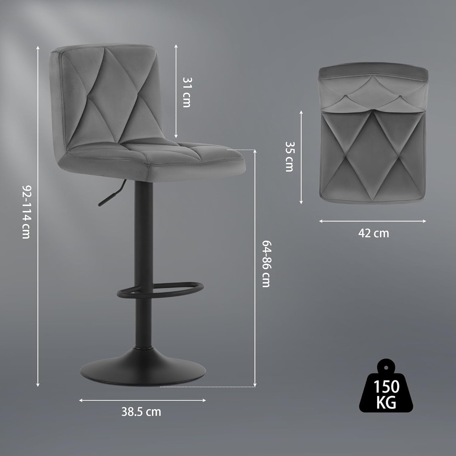 Adjustable Swivel Bar Stools Set of 2 – Soft Flannel, Metal Frame, 60-80cm