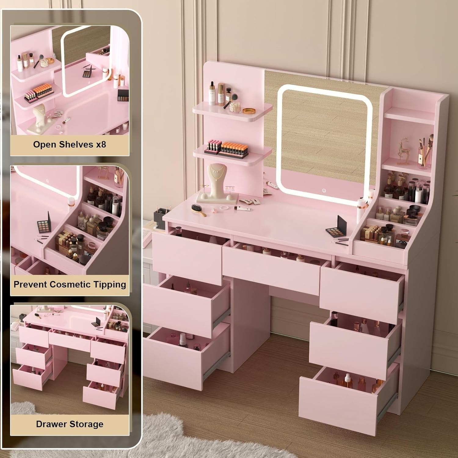 Foldable Small Vanity Desk w/Lighted Mirror Stool 2 Drawers Compact Makeup Table